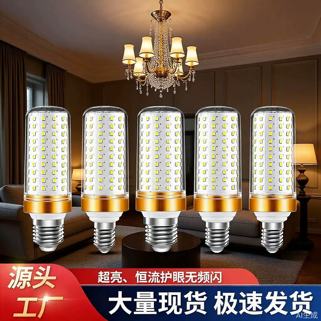 大功率玉米灯led节能灯超亮E27螺口螺纹三色变光水晶吊灯光源灯泡