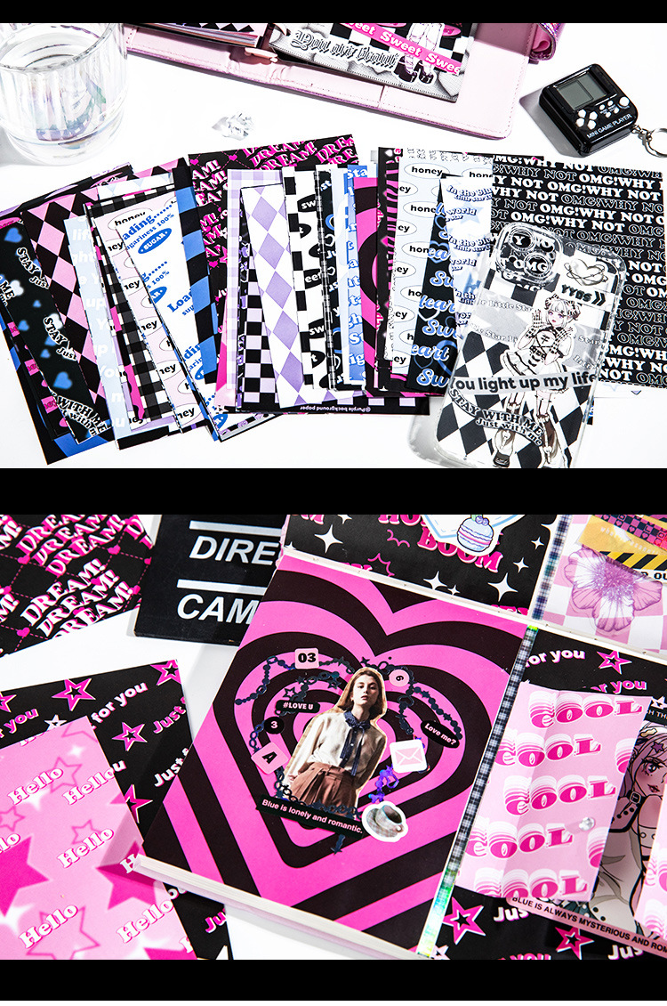 甜酷少女y2k美式甜心电波无粘性素材纸英文格纹手帐装饰打底背景详情10