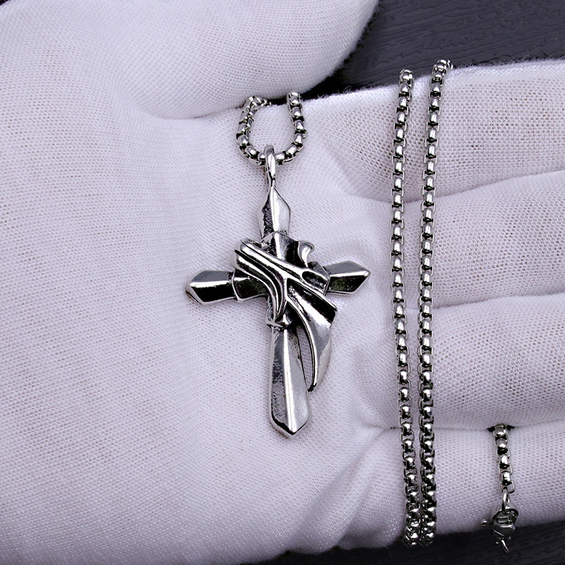 Collana con ali di piume e croce in titanio e perle, catena in acciaio inossidabile, semplificata, tridimensionale, solida_voghion.com