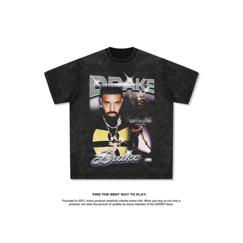 Drake hip hop rap americano street fashion estampado vintage hecho viejo lavado pesado suelto mangas cortas