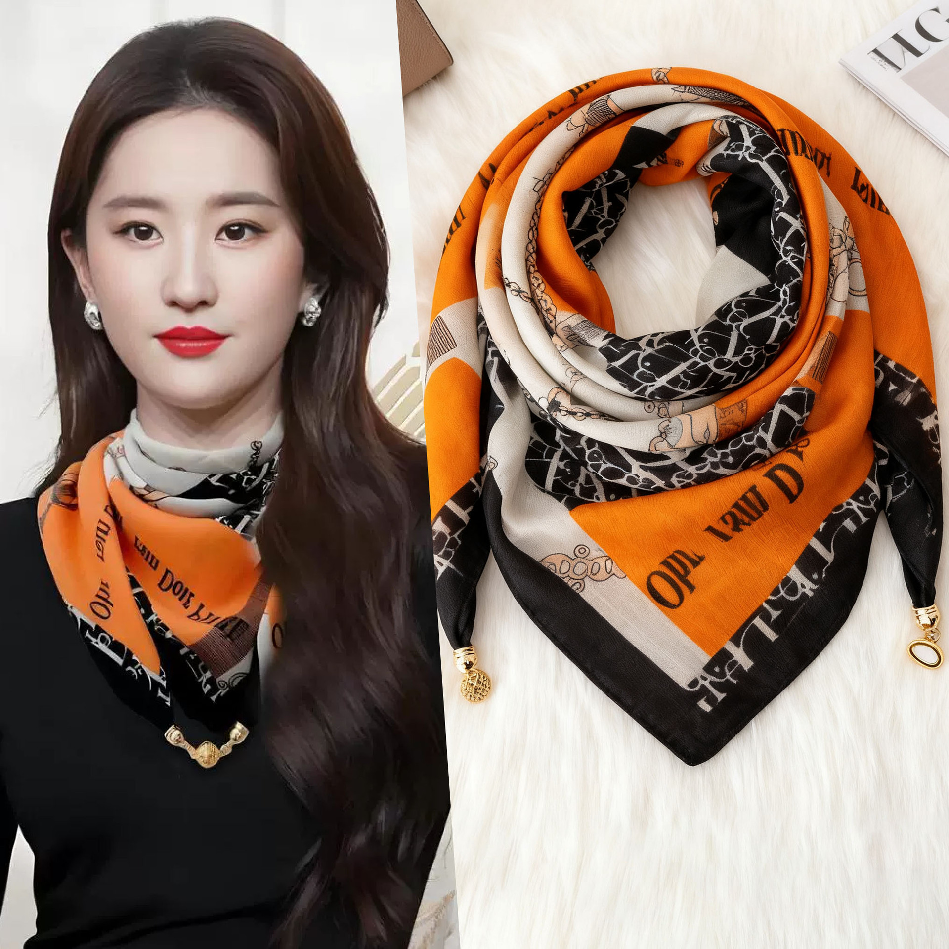 Magnetic Buckle Scarf Small Square Scarf Women's Decorative Neck Protector Spring & Fall Korean Style Silk Scarf Versatile Foreign Style Windproof Autumn and Winter Scarf