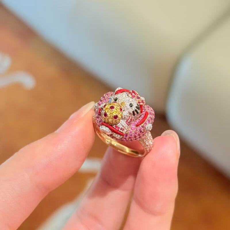 哈喽kt猫镶钻戒指女小众简约清新气质甜美可爱少女心卡通时尚戒指|undefined