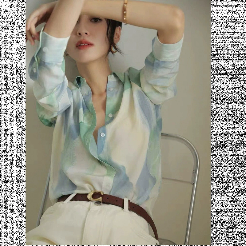 Летняя новинка 2025 года: женская свободная рубашка из тяжелого европейского шелка тутового шелка в китайском стиле, с национальным принтом и чернильным рисунком.