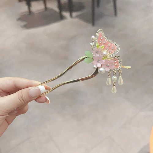 New Chinese style flower butterfly hairpin pearl tassel hairpin ancient costume Hanfu cheongsam plate headdress accessories hairpin