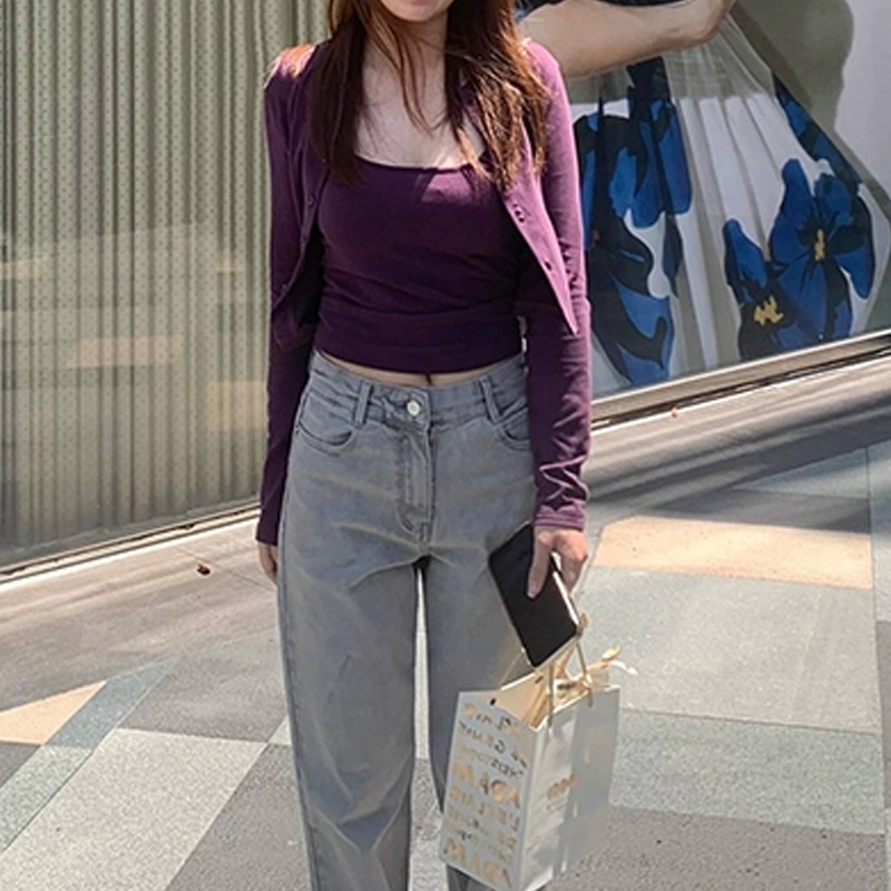 槿一 紫色吊带背心长袖开衫套装春夏小个子显瘦百搭两件套女2025|undefined