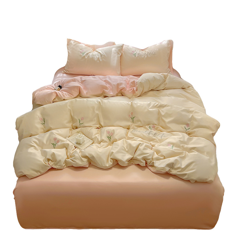 Juego de cuatro piezas de cama de seda de hielo lavado de verano, juego de funda de edredón de sábanas de seda de hielo fresco, lavable a máquina, dormitorio doméstico