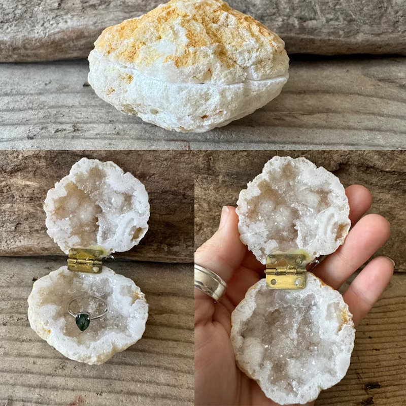 跨境新品天然摩洛哥玛瑙洞水晶晶洞原石摆件珠宝戒指盒造景石装饰