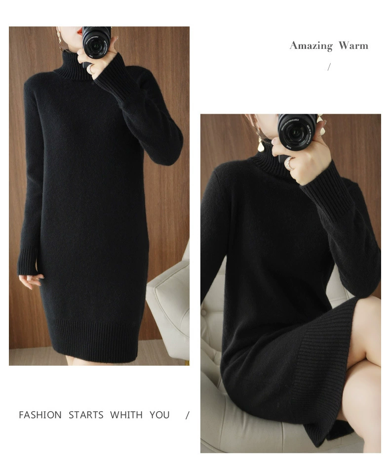 2022 Casual Autumn Winter Knitted Sweater Pullovers Dress Women Basic Loose Turtleneck Sweater Female Warm Long Dress WF192 brown sweater