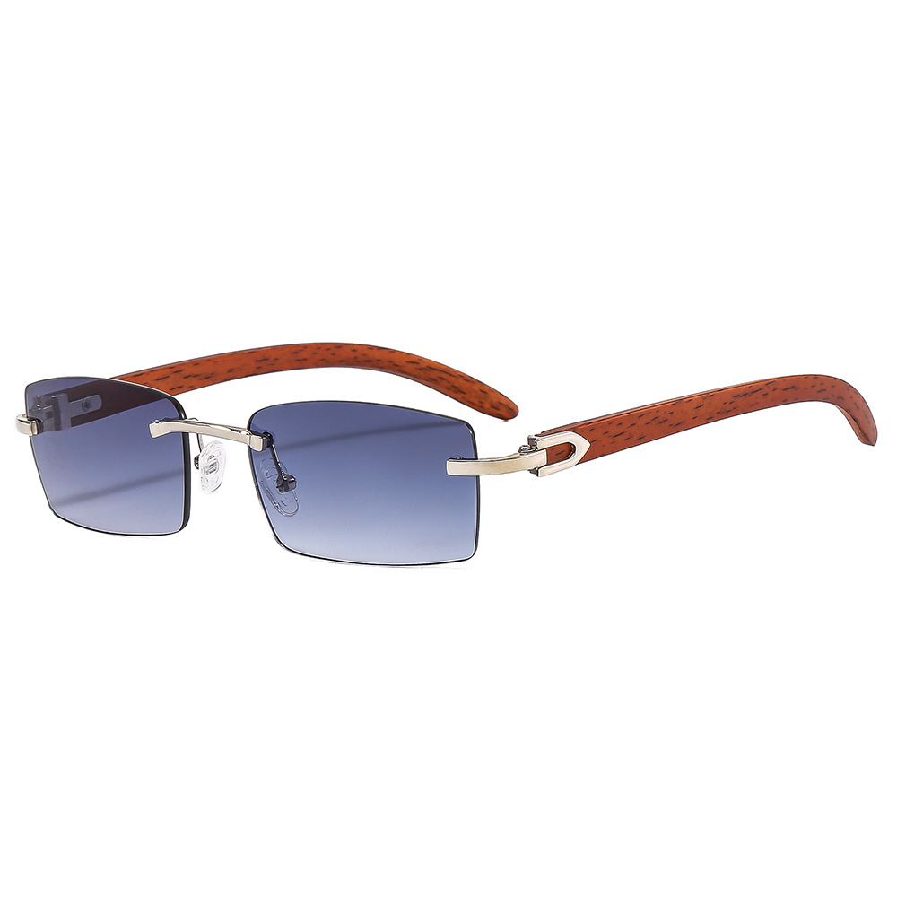 Cartier Rectangle Rimless Wood and Metal Sunglasses Silver Blue Gradient (CT0046S)