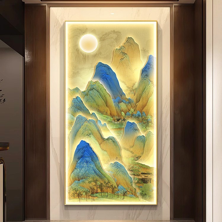 千里江山图玄关装饰画新中式进门入户挂画高级感走廊过道带灯壁画|undefined