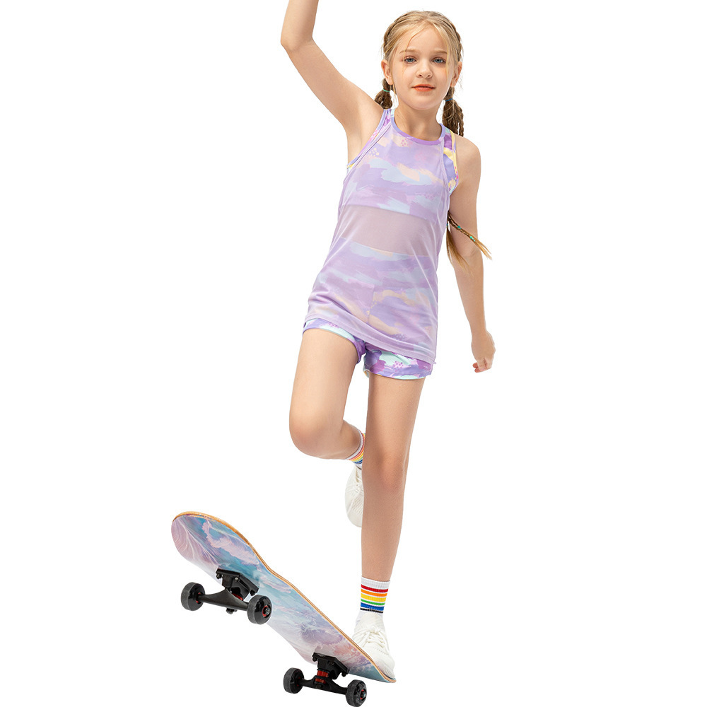 童装运动罩衫假两件网纱运动背心女童舞蹈训练瑜伽跑步上衣23102