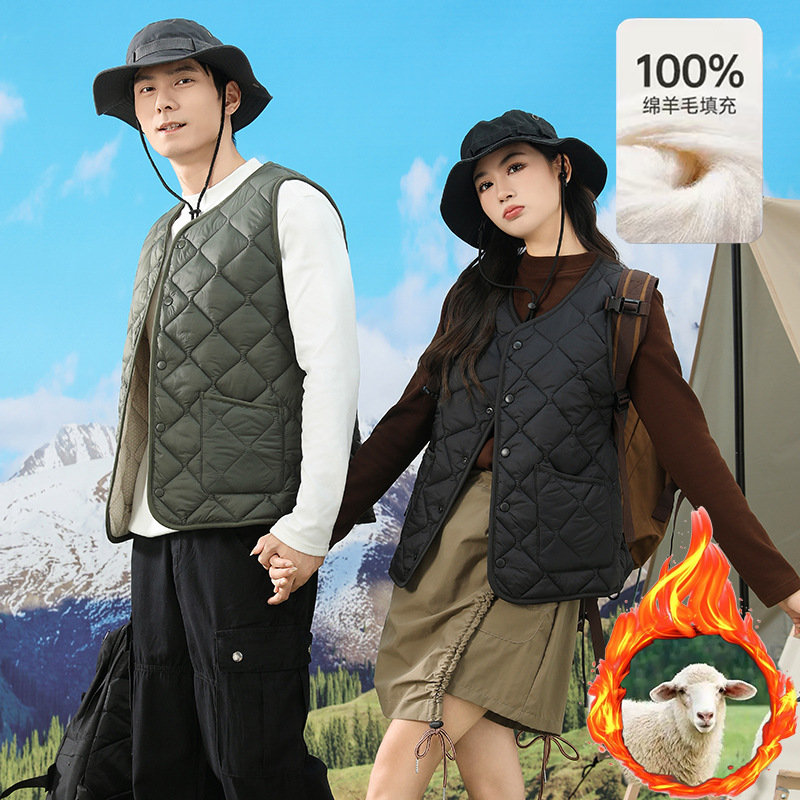 爸妈同款充气绒蓄热三防羊毛马甲男女情侣款轻薄外套加绒保暖马夹