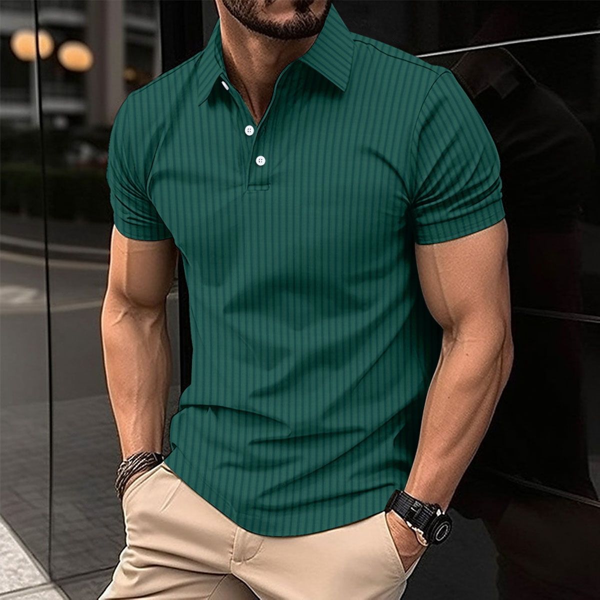 Men's Vertical Stripe Polo Shirt Lightweight Breathable Casual Top_voghion.com