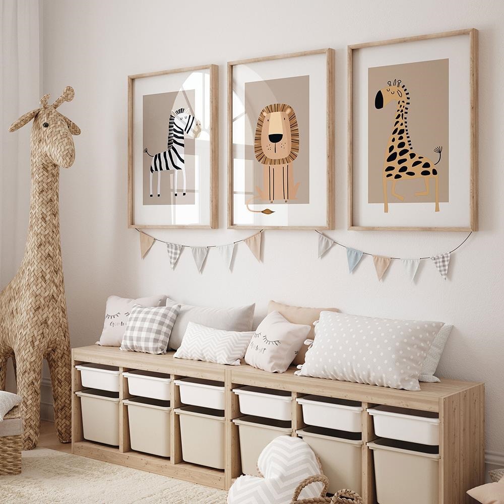 Amazon cruzada venta caliente pintura decorativa moderna sala de estar dormitorio dibujos animados animales leones sin marco con marco