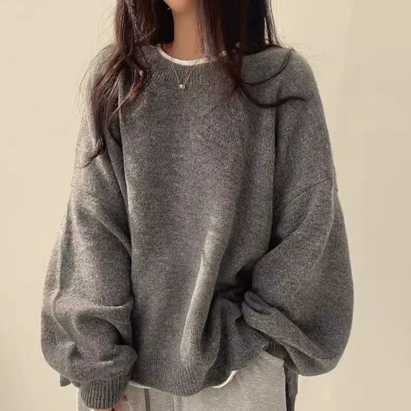 Пуловер женский oversize вязаный, демисезон с длинным рукавом, корейский и французский стиль воротника-круглый