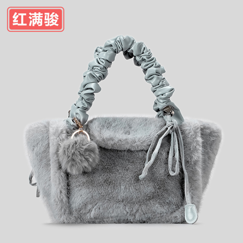 洋气时尚简约毛毛包软乎乎云朵斜挎包猪大肠褶皱肩带毛绒手提包女|undefined