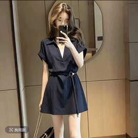 假两件翻领短袖连衣裙女2026夏季新款时尚百搭设计感气质休闲短裙