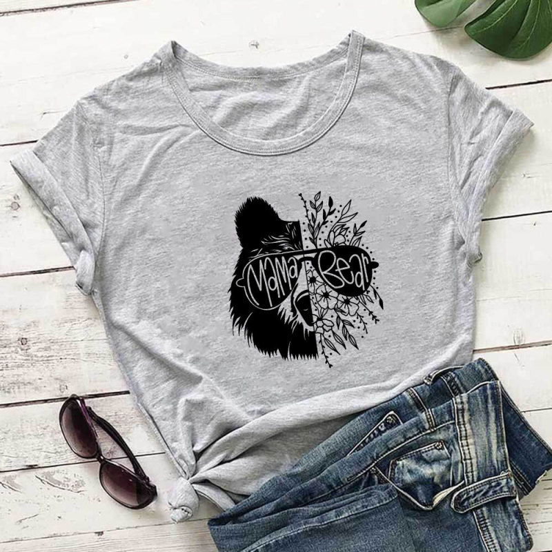 In stock foreign trade Mother's Day Mama Bear glasses Bear letter print loose casual short sleeve t-shirt In stock foreign trade Mother's Day Mama Bear glasses Bear letter print loose casual short sleeve t-shirt