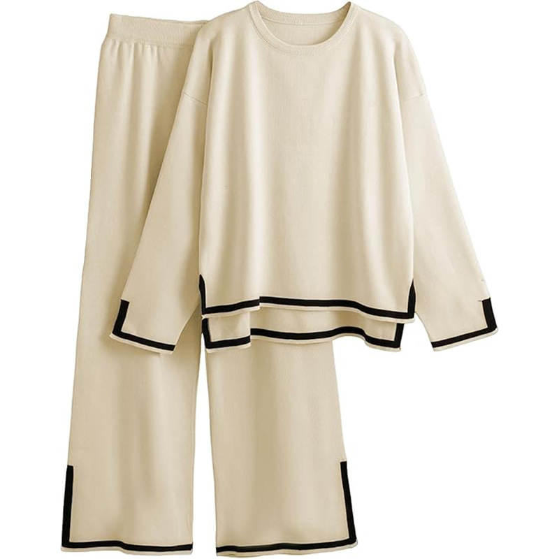 欧美女士新款撞色开叉长袖针织套装高腰显瘦阔腿长裤两件套亚马逊