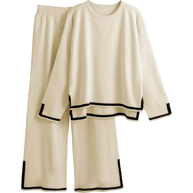 Новый женский костюм в европейском и американском стиле: вязаный комплект из двух предметов с цветными блоками, разрезами, длинными рукавами, высокой талией, облегающими широкими брюками. Amazon.