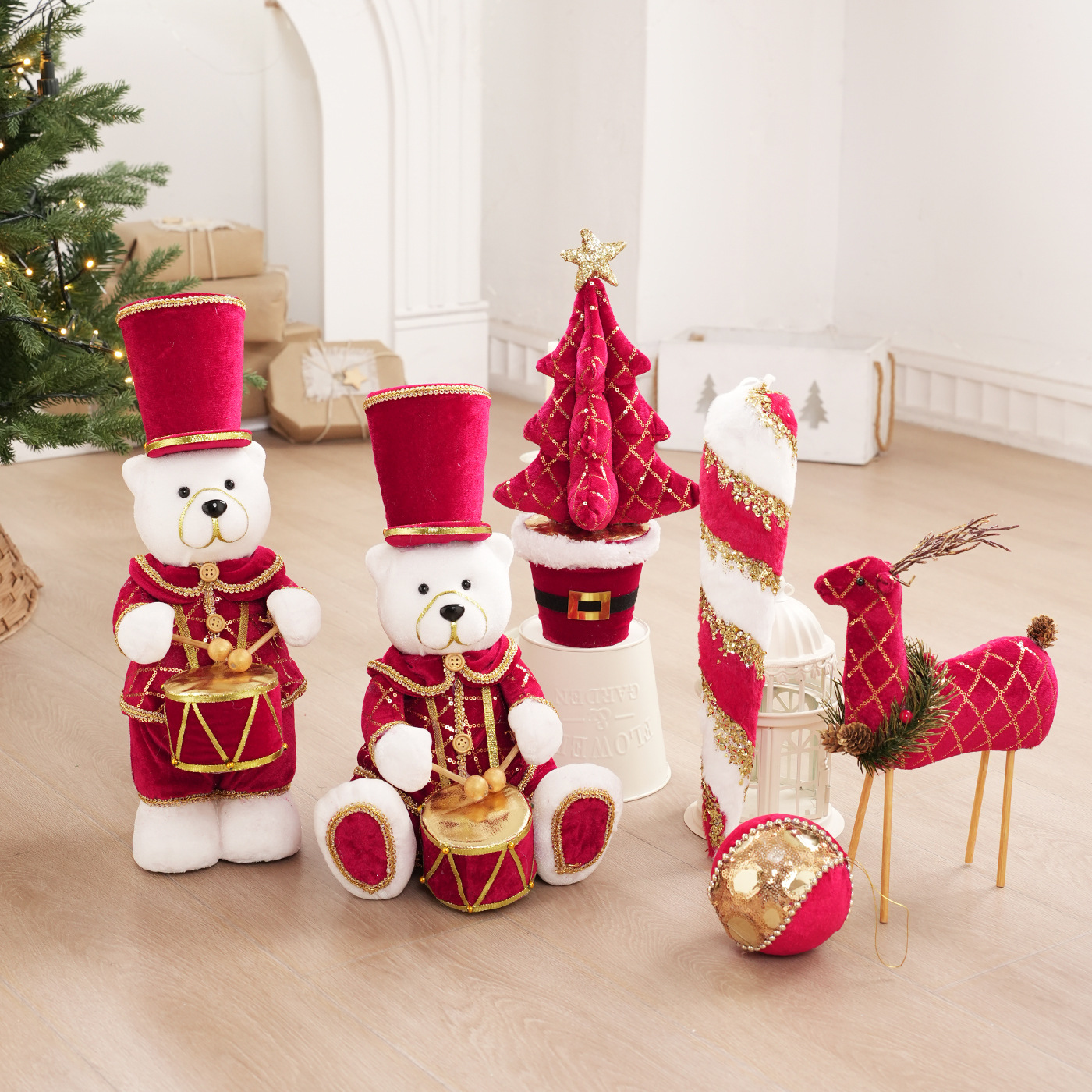 Rojo y blanco tela de peluche banda de espuma osos alces decoración de mesa muñeca muñeca