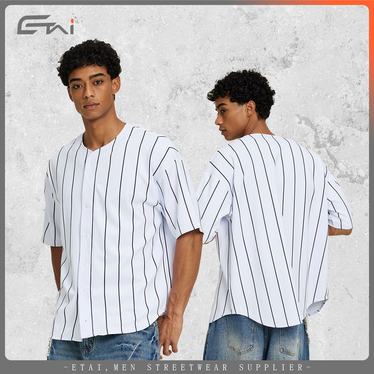 ETAI hombre de verano pesado hombre camiseta de béisbol a rayas delgadas camiseta deportiva casual suelta Cardigan de manga corta en stock transfronterizo