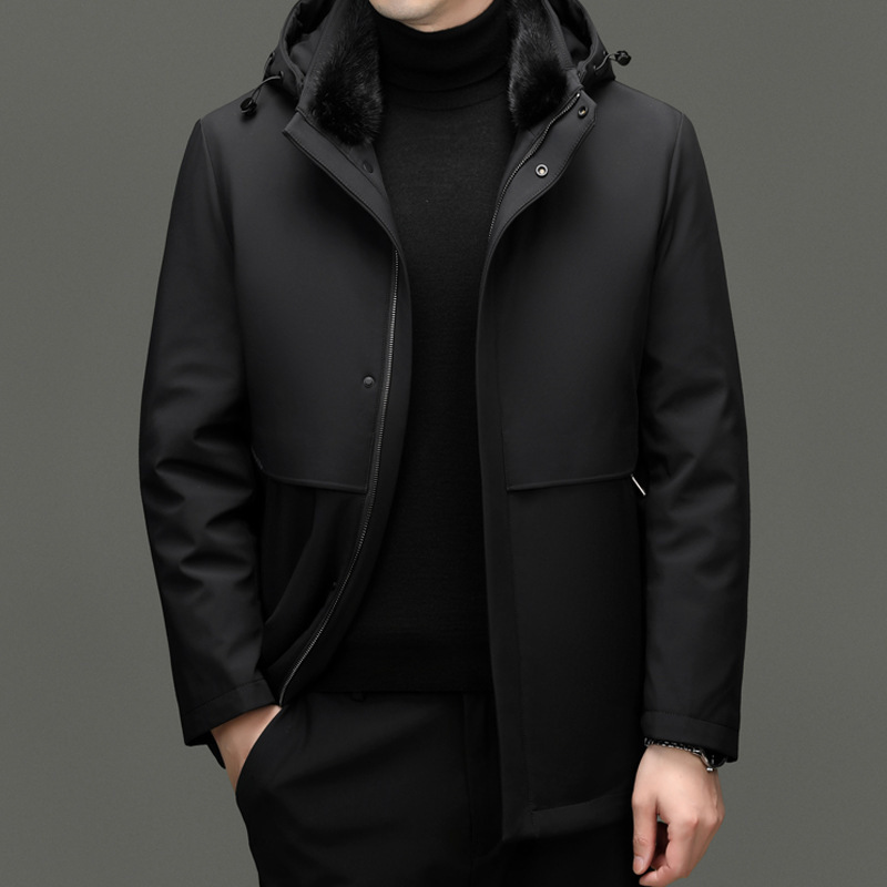 Removable liner goose down jacket winter warm young and middle-aged men's business casual hooded mink collar down jacket