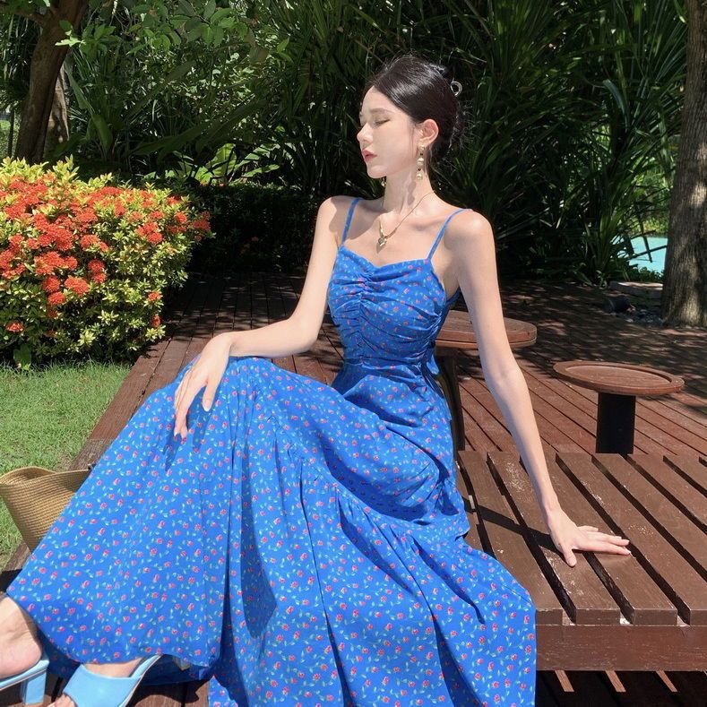 Floral Blue Suspender Dress for Women Summer Bow Backless High Waist Slim Hot Girl Long Skirt Seaside Photo Clothes