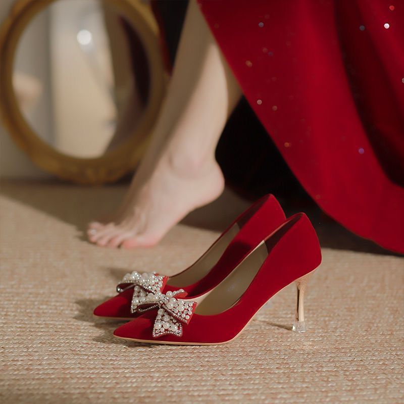 Design wedding shoes Chinese wedding toast red stiletto heel single-layer shoes dignified temperament Xiuhe wedding dress two-way bridal shoes