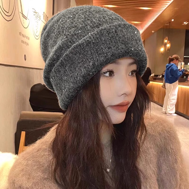 秋冬慵懒风亮片加厚堆堆帽韩系防风保暖套头帽休闲百搭显脸小冷帽|undefined