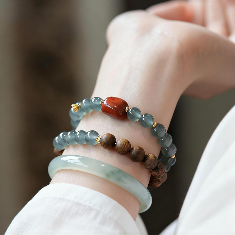 Blue Water Jade Bracelet for Women, High-End Beaded Bracelet with Southern Red Agate and Agarwood, Jade Gift Bracelet Wholesale