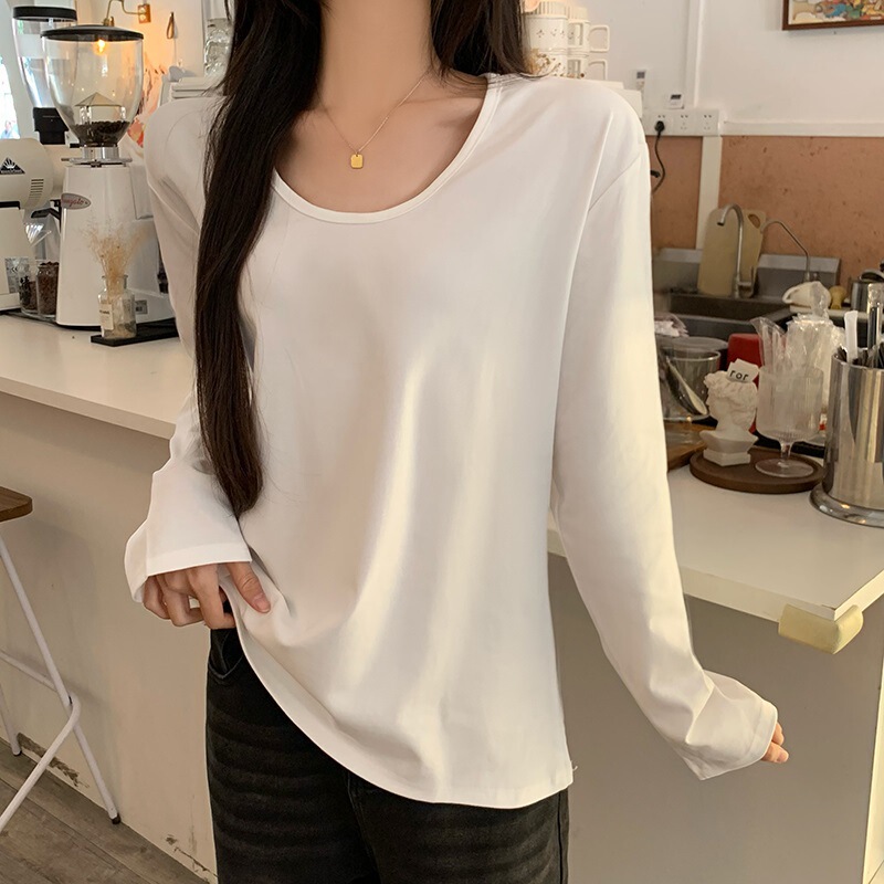 7140 # Real Shot of 210g Pure Cotton Threaded U-Neck Long-Sleeved T-Shirt for Women's Spring & Fall Bottoming Shirt with Light Plate Blank Version 7140 # Real Shot of 210g Pure Cotton Threaded U-Neck Long-Sleeved T-Shirt for Women's Spring & Fall Bottoming Shirt with Light Plate Blank Version