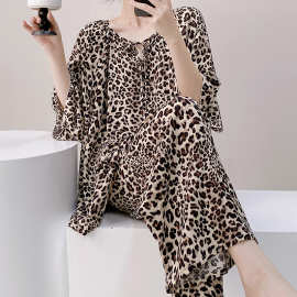 绵绸豹纹睡衣女士两件套装新款古风印花家居服外穿气质半袖高级感