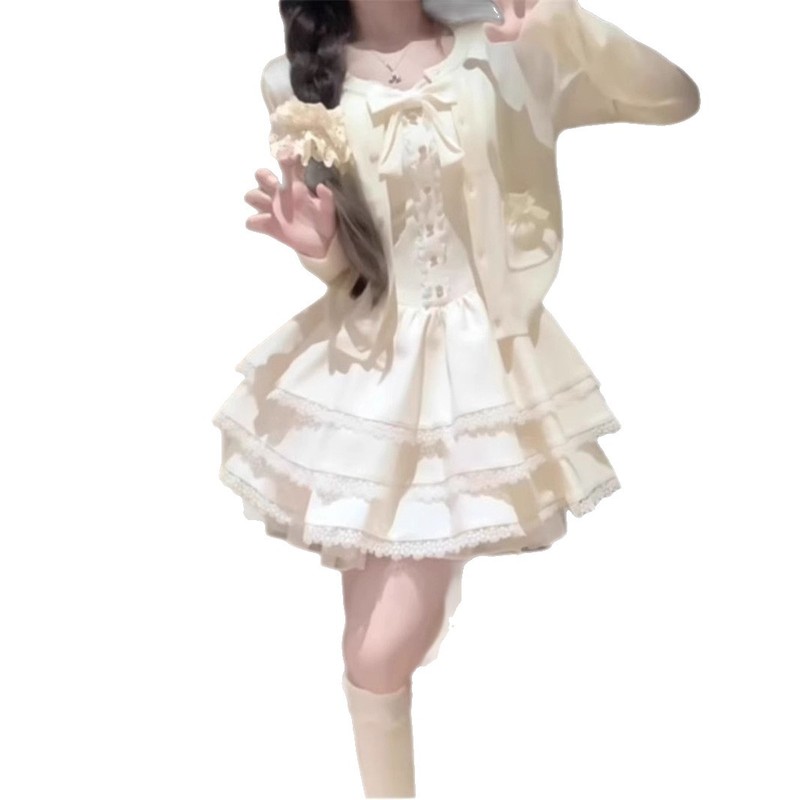 小柄な人向けの夏の純粋な欲望の高級サスペンダーケーキドレス+アプリコットカーディガン日焼け止め2点セット|undefined