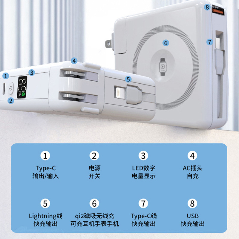 跨境qi2自带线PD20W快充ac带插头10000毫安半固态电池磁吸充电宝|undefined