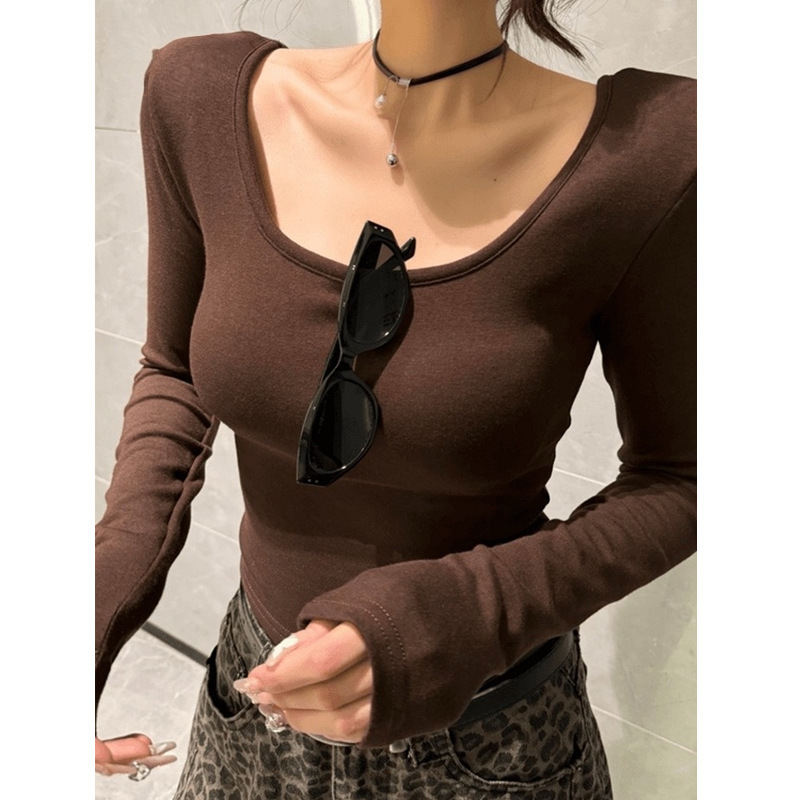 春と秋の新商品の純欲の大きい襟の底のシャツの女性の中で腰の長袖のtシャツのデザイン感の小さい大衆の短い上着を収めます。|undefined
