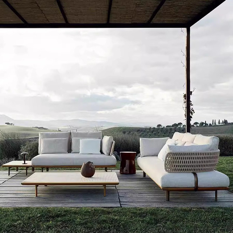 Sofá de madera maciza al aire libre a prueba de lluvia y protección solar terraza mesa de té al aire libre nórdica ocio varña patio combinación de muebles de villa