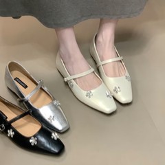 高级感~ 法式水钻花朵内增高包头半拖鞋女外穿一字扣带尖头小单鞋