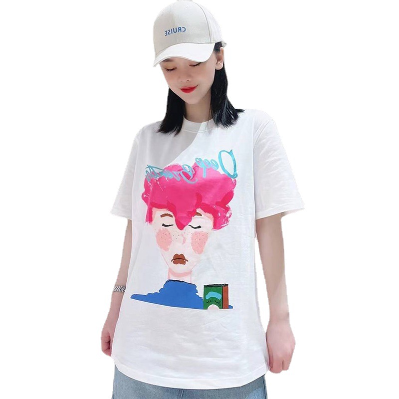 Áo thun nữ cotton dáng rộng in hình chân dung tay ngắn — Màu đen