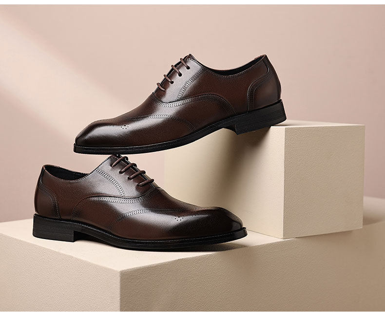 Giày da nam công sở da bò lớp đầu mũi nhọn Brogue buộc dây đế gỗ — Màu nâu, màu đen chi tiết 24