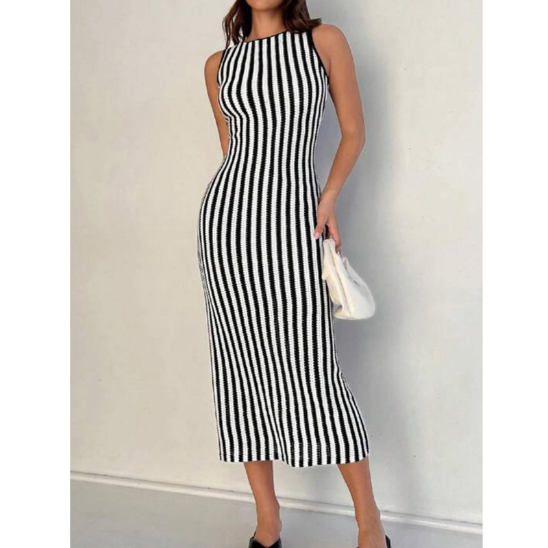 2025 New European and American Export Women's Clothing Contrasting Color Knitted Stripesd Dress Sexy Slim Summer Long Skirt Wholesale