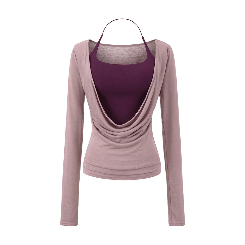 Tencel Long-Sleeve Knit T-Shirt and Camisole Two-Piece Set with Chest Pads, Brushed Vest, Lightweight Cover-Up, 2025 Summer-Autumn Outfit