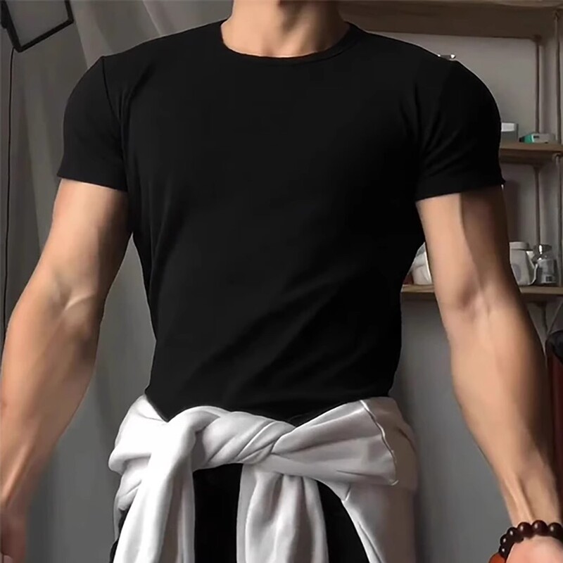 Black Muscle Shown T-shirt Men's Summer Fitness Sports Elastic Slim-fit Short Sleeve cleanfit Small Collar Half Sleeve