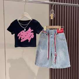 女童2025新款夏装套装儿童洋气中大童短袖夏季休闲牛仔短裤两件套