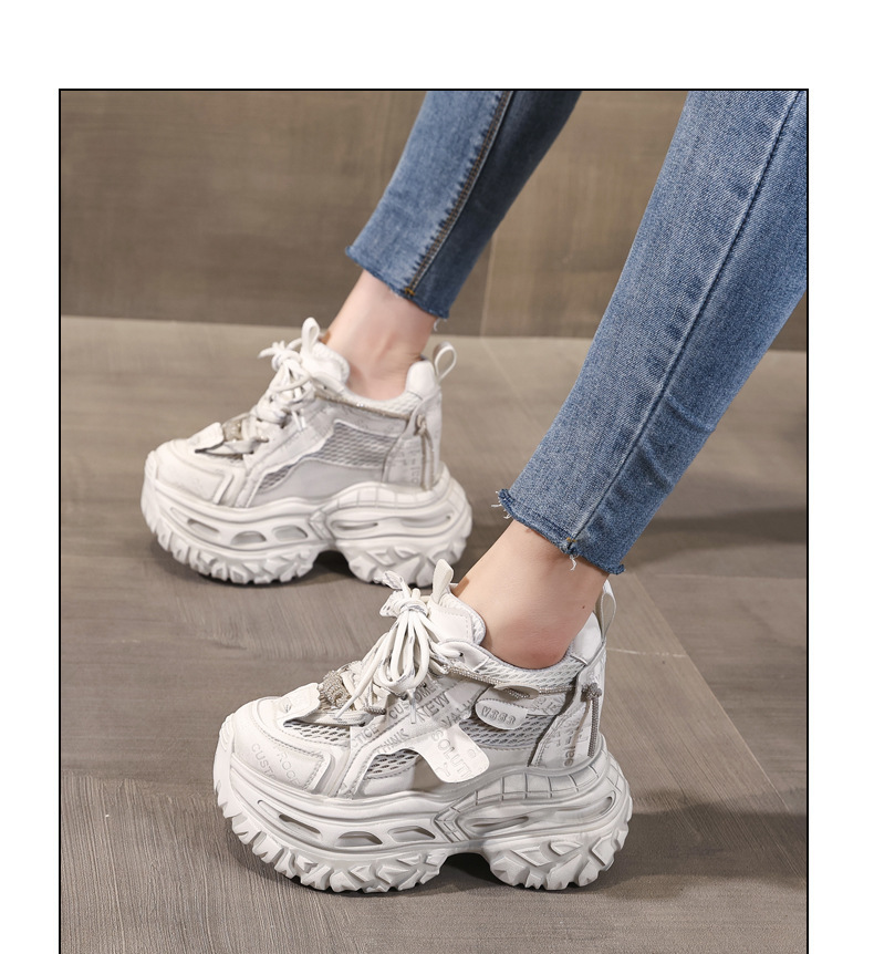 Giày sneaker nữ đế dày tăng chiều cao 12cm mặt lưới thoáng khí — Tro thô chi tiết 12