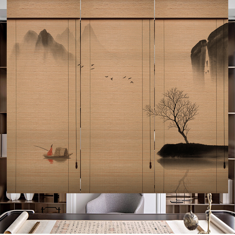 New Chinese Bamboo Curtain Curtain Lifting Roller Curtain Zen Landscape Carbonized Shading Japanese Tea Room Balcony Partition Door Curtain
