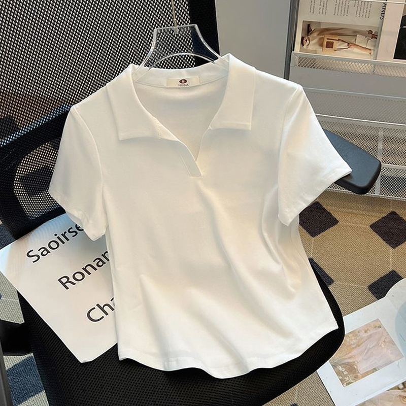 ポロラペル半袖 Tシャツ女性のための 2025 新しい夏ファット mm 右肩カバー腹痩身カーブヘムトップスシャツ|undefined