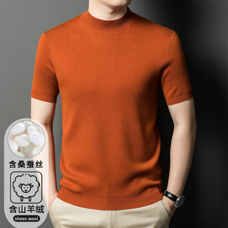 Machine Washable Cashmere Knitted Short-sleeved Men's Half-turtleneck Solid Color Worsted Sweater Puyuan Sweater Mulberry Silk Top
