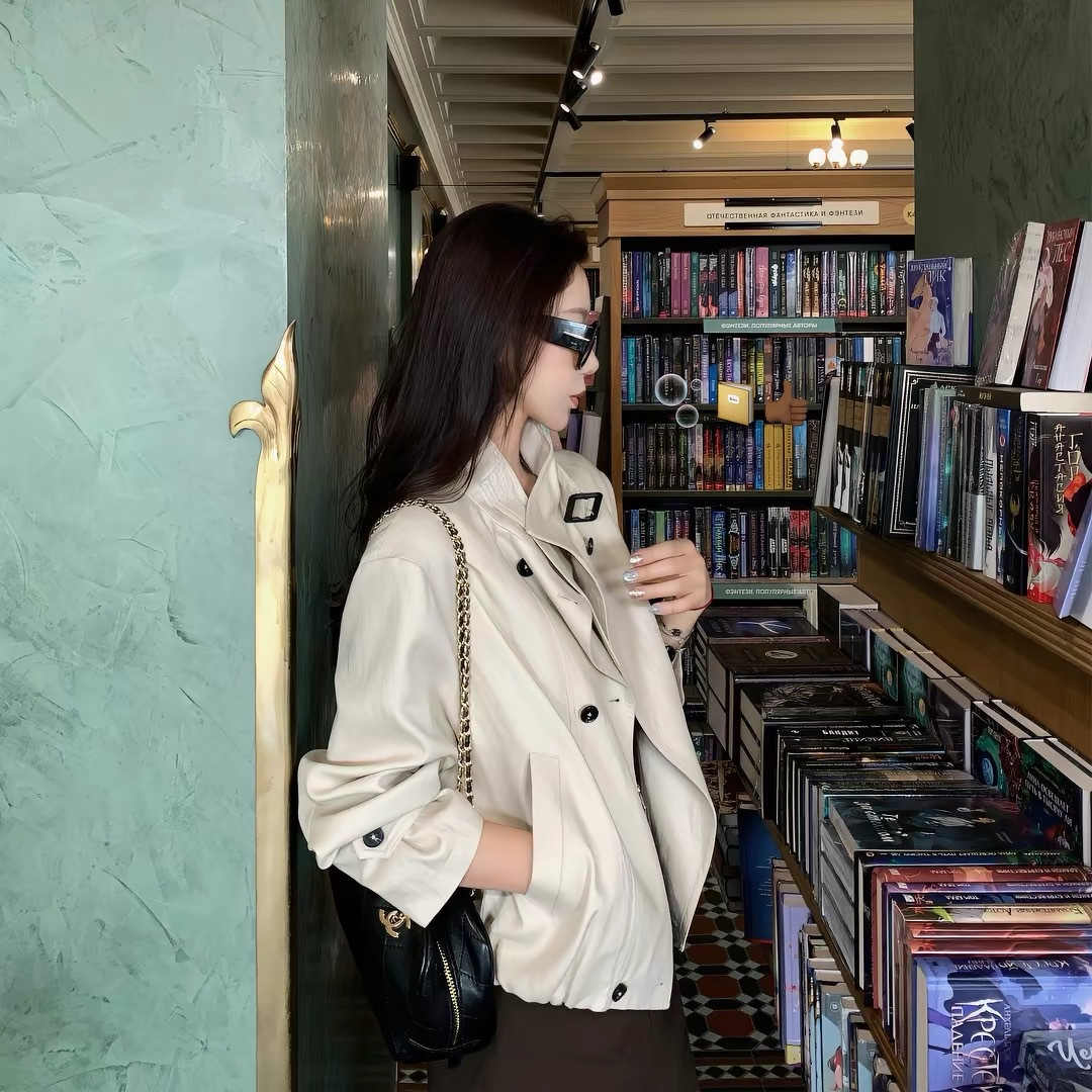Large size s1p slim-fit tailored linen-tencel high-end stand-up collar short trench coat for women in autumn
