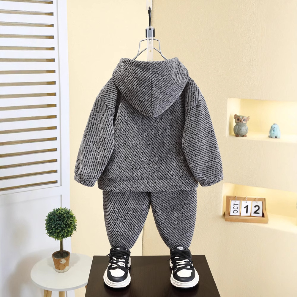 7568 niños primavera y otoño suéter con capucha 2025 primavera nuevos niños versión coreana de dos piezas pantalones de moda para niños